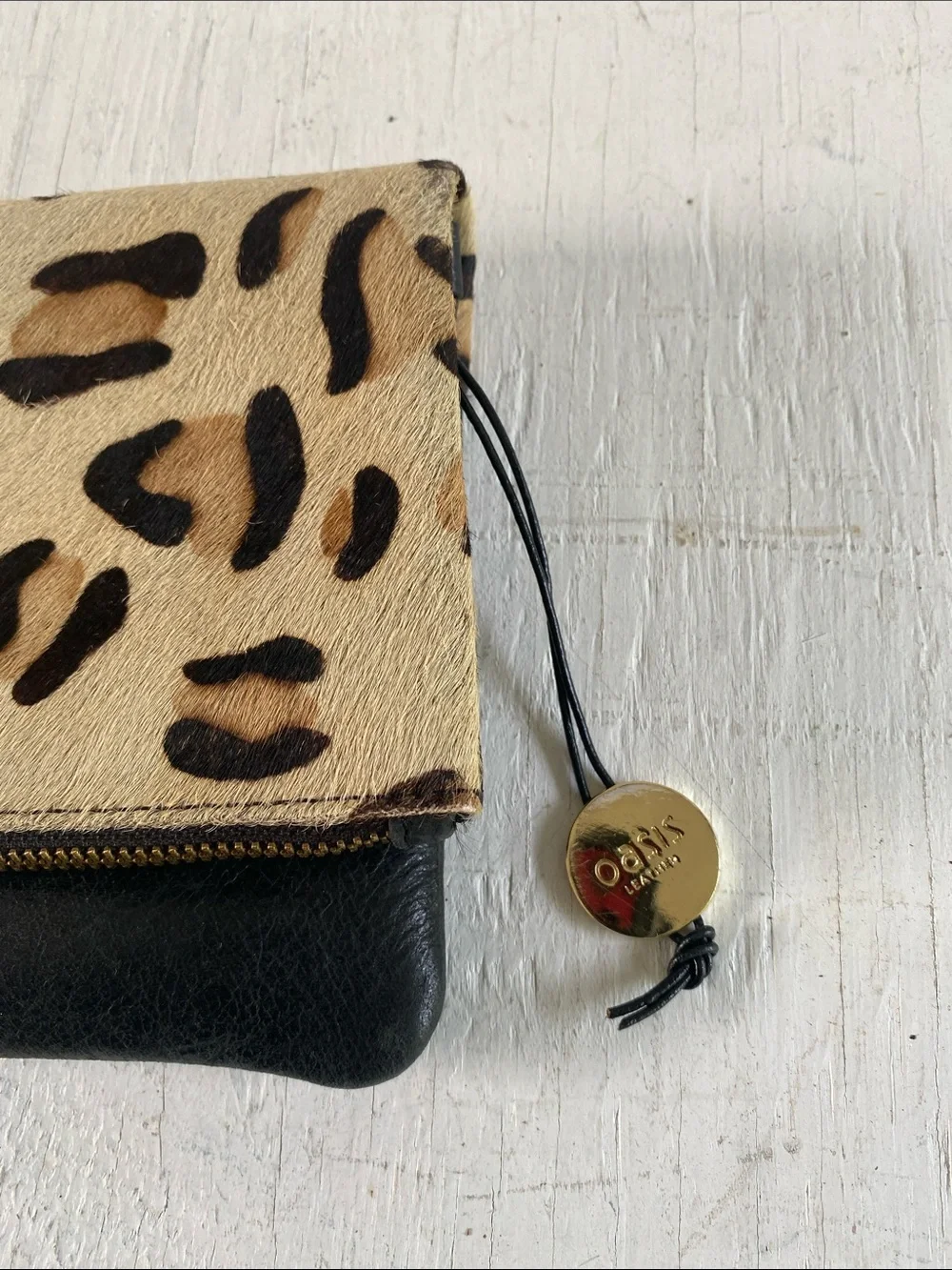Leopard Calf hair leather Foldover Wristlet Clutch - Black & Tan